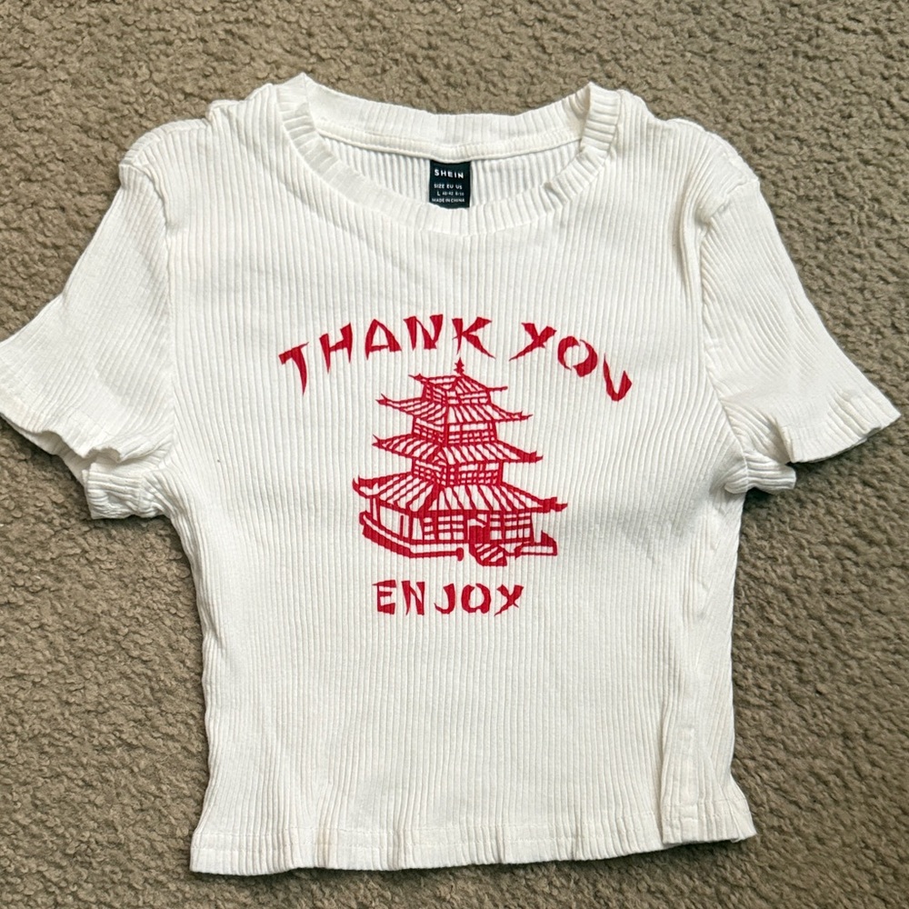SHEIN Cream Tee with Red Pagoda Design